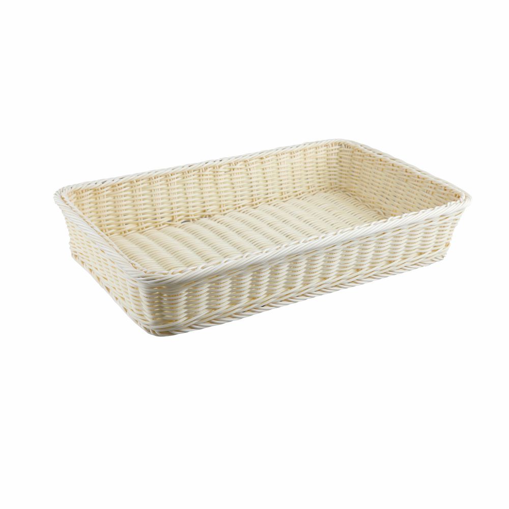 Heavy Duty Polypropylene Rattan Basket, Rectangular, 52.5x32.5x9(H)cm, with Stainless Steel Wire, Beige (C06 Series)