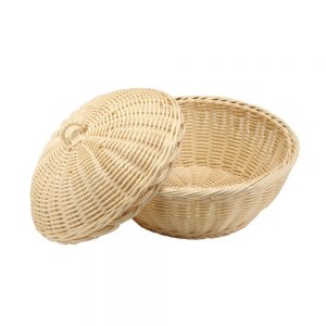 Heavy Duty Polypropylene Rattan Basket with Cover, Round, dia.27.5x10cm, Beige (C06 Series)